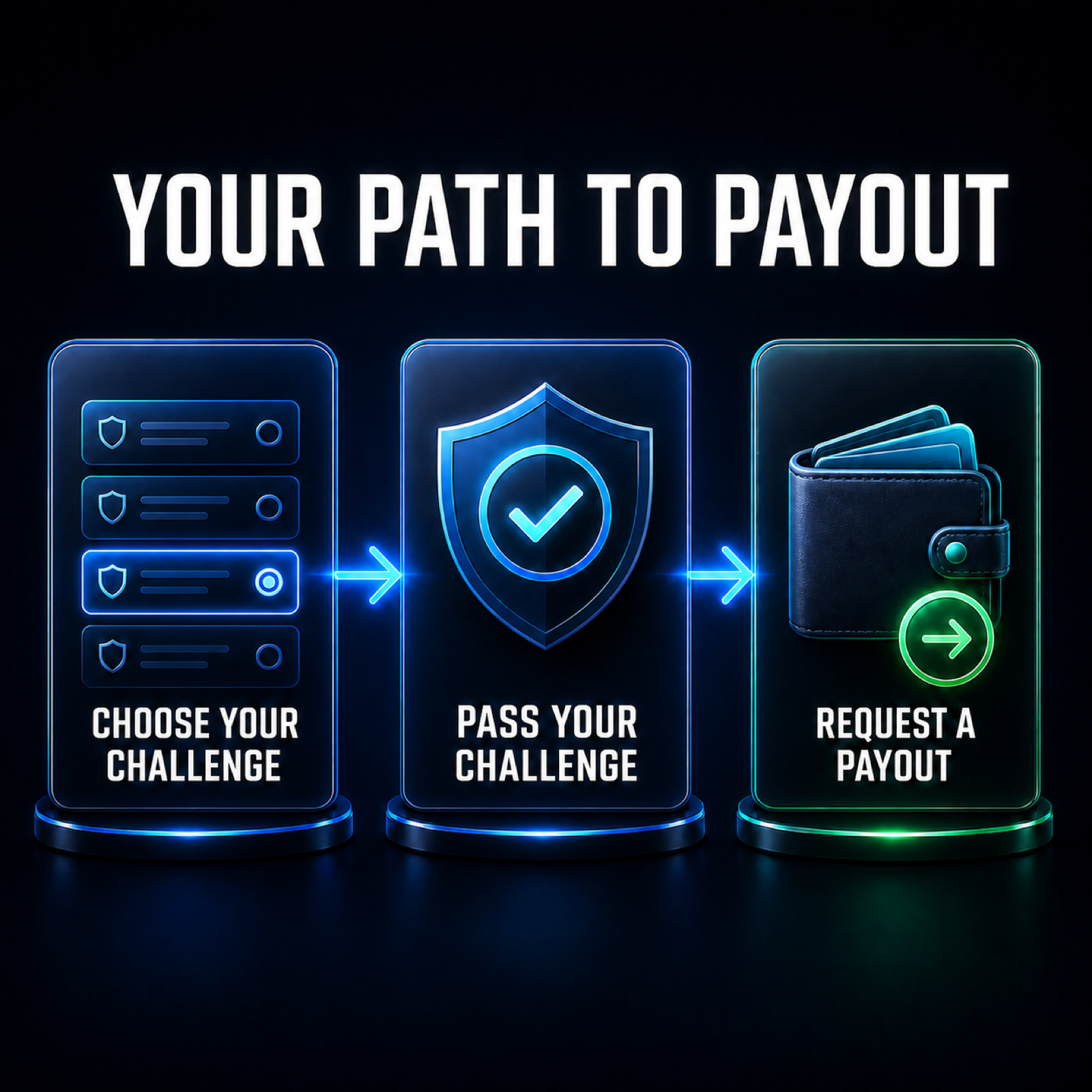 Your path to payout: choose your challenge, pass your challenge and request a payout
